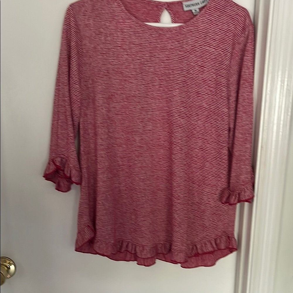 Women's Red Striped Top with Ruffle Hem